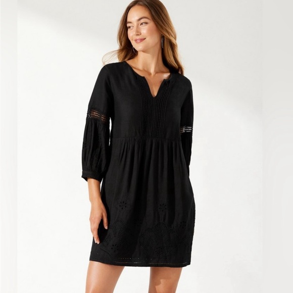 Tommy Bahama Dresses & Skirts - Tommy Bahama St.Lucia Linen Blend Soft Black Eyelet Dress- Small